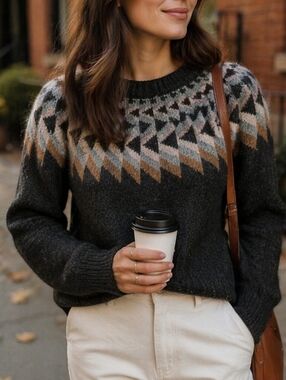 360 Sweater Cashmere Blend Fair Isle Crew Neck Sweater Gray Brown Cozy Luxe Knit